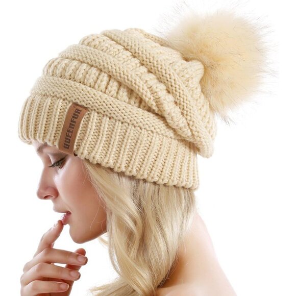 Women Beige Soft Acrylic Thick Baggy Knit Winter Faux Fur Pompom Beanie - Picture 3 of 6